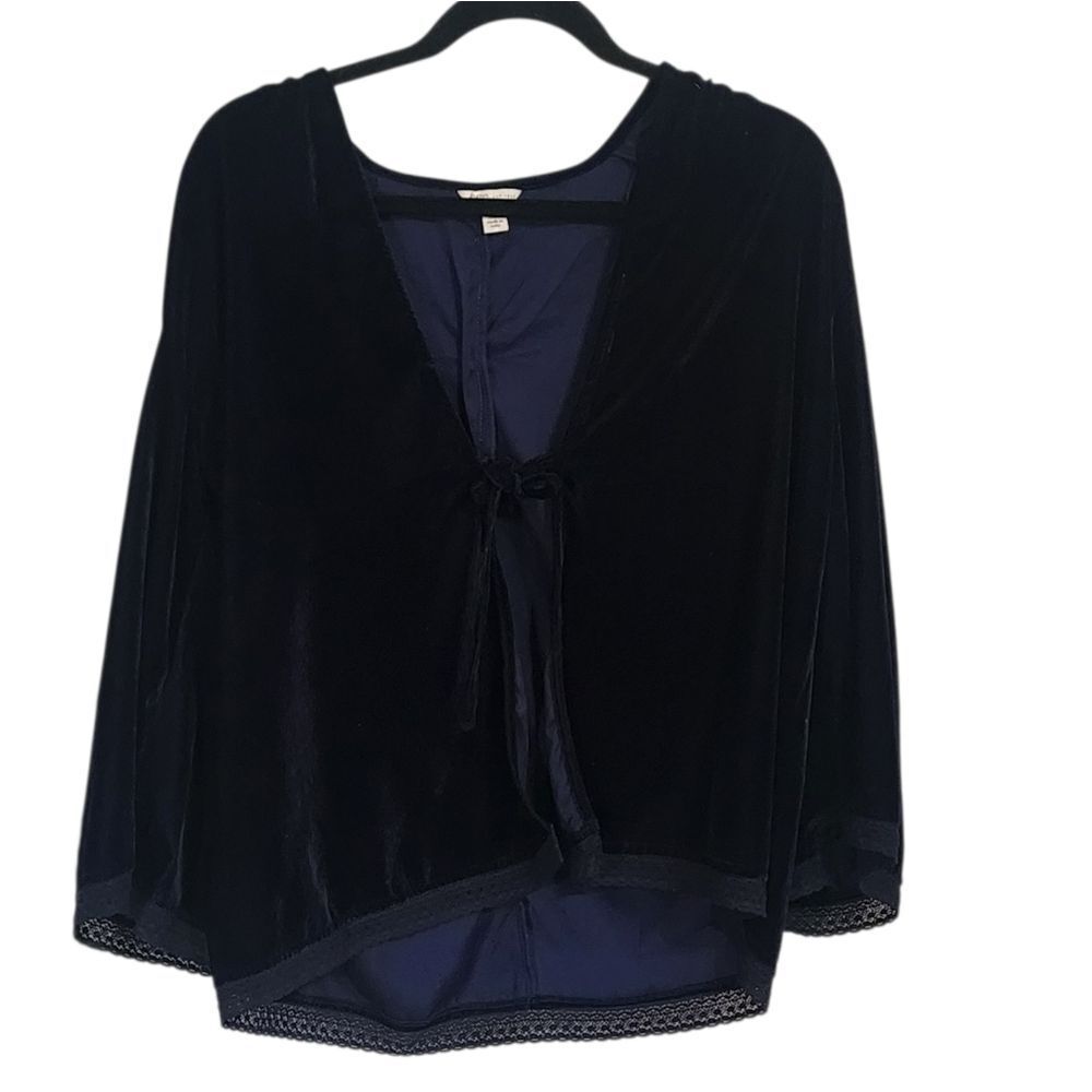 Cato Top L Navy Velvet Crocheted Lace Tie Front Whimsigoth Fairy Grunge